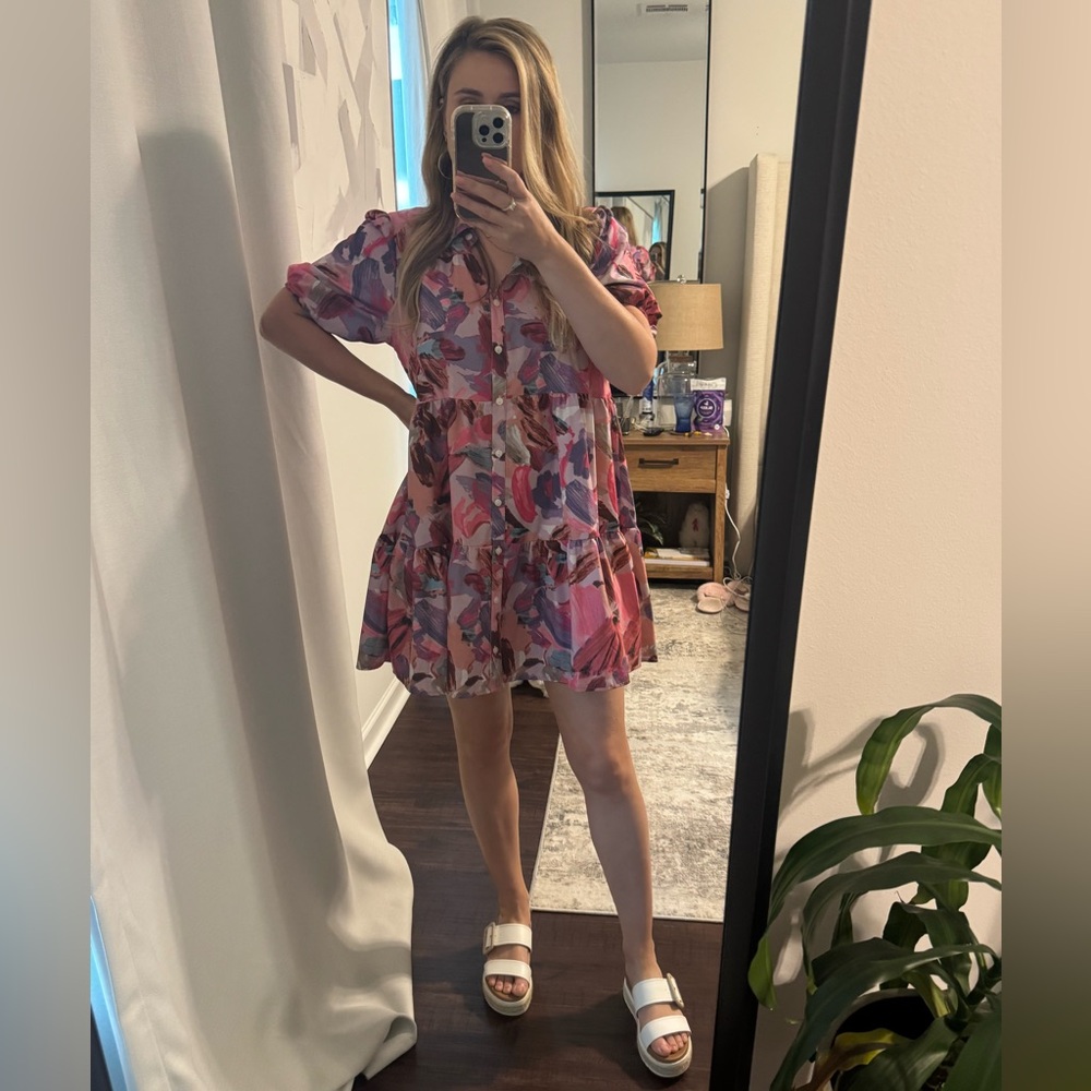 Vibrant Woman’s Button-Up Collar Spring Summer Abstract Floral Dress - Picture 2 of 12